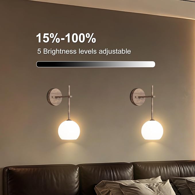 Walnut Grain Battery Operated Wall Sconces Set of 2, Rechargeable Wireless Wall Lights with Milky White Frosted Glass, 12 RGB and 3CCT Dimmable, Wall Lamps with Remote for Bedroom Living Room Hallway