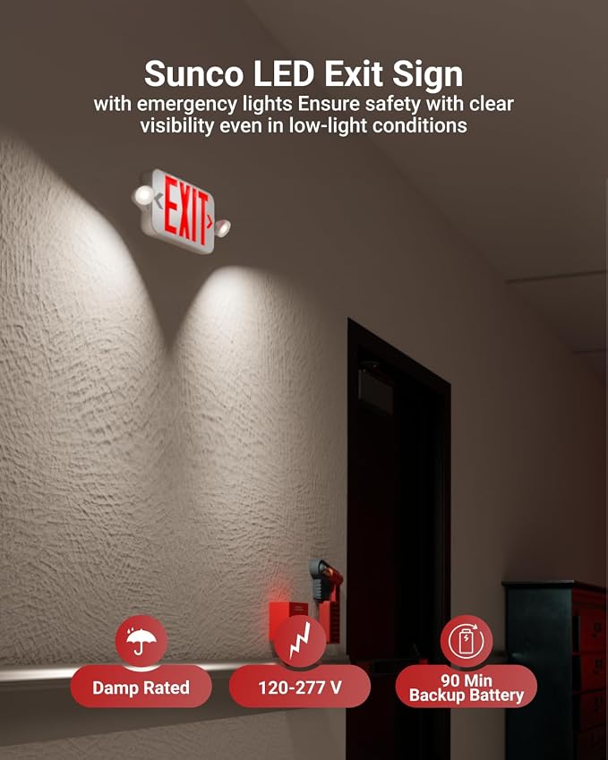 Sunco 60 Pack Red Exit Signs with LED Emergency Lights & Backup Battery | 120-277V Wall/Ceiling Mount, Two Adjustable LED Lights, Commercial Safety Lighting, 90 Minute Battery, 94V-0 Fire Resistant
