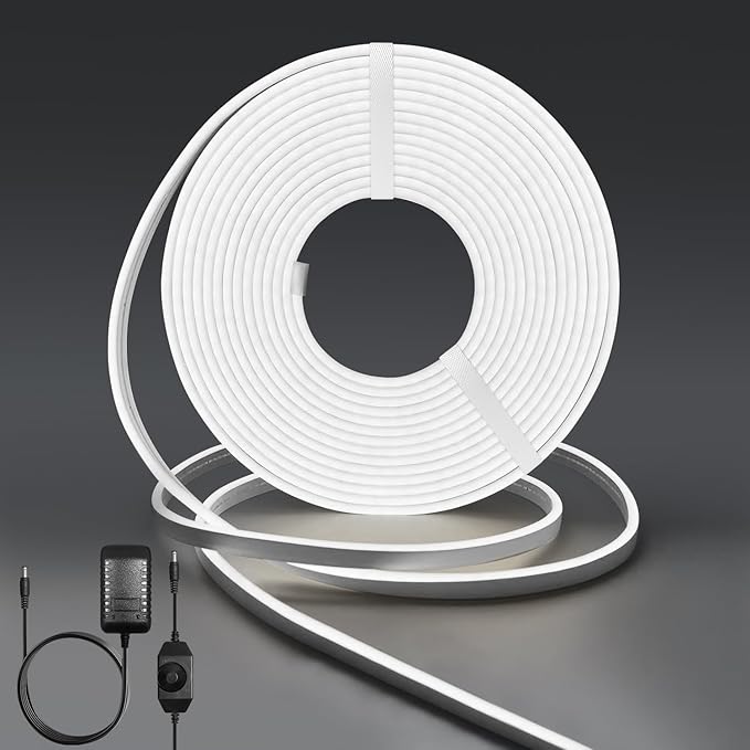 LED Neon Lights, 12V White Dimmable LED Strip Lights, 16.4ft/5m Waterproof LED Neon Rope Lights, 6000K Neon LED Strip for Bedroom Indoor Home Decor (Power Adapter Included)