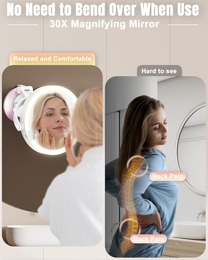 30X/1X Wall Mounted Magnifying Makeup Mirror with Power Suction Cup, Rechargeable Double Sided Regular HD/Magnification 3 Color Modes Adjustable Brightness Mirror with Lights for Bathroom, Travel
