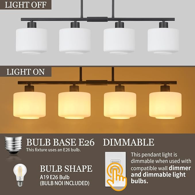 4-Light Kitchen Island Lighting, Modern Black Linear Dining Room Chandelier Light Fixtures with Milk Glass and Chain, Farmhouse Hanging Lights for Kitchen Island Dining Room, OS-YQ8153-4ISBKW