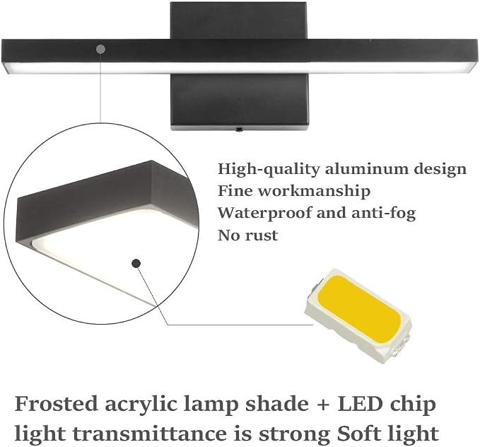 Ralbay 15.7 inch Modern LED Black Vanity Light 12W Frosted Aluminum for Bathroom Vanity Lighting Fixtures Cool White 6000K