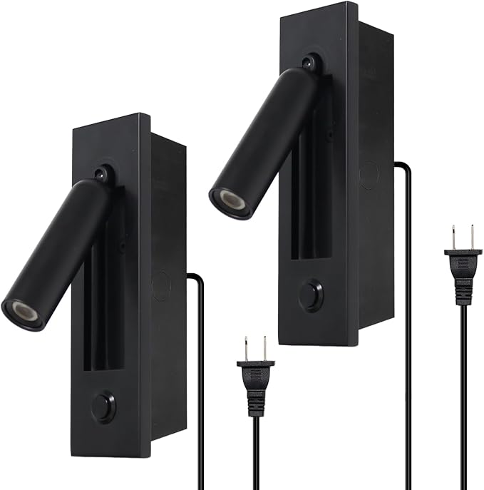 Set of 2 Led Headboard Wall Light, 350°Rotation Portable Plug in Wall Sconce Hardwired, Bedside Reading Light Recessed Push Switch, Hotel Bed Side Decor Wall Sconces Spotlight (Matt Black)