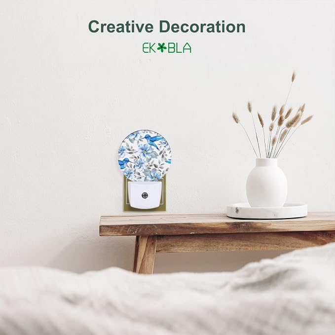 EKOBLA Hummingbird Night Light, Blue Bird Peony Flower Night Lights Plug Into Wall with Dusk to Dawn Sensor, LED Nightlights for Bedroom, Bathroom, Hallway, Kitchen