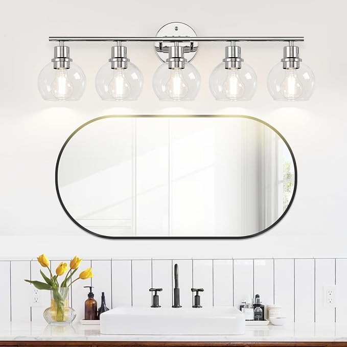 Indoi 5-Light Bathroom Light Fixture, Chrome Bathroom Wall Light with Clear Glass Globe Shades, Modern Vanity Lights Over Mirror for Bathroom, Bedroom, Kitchen, Living Room, Hallway