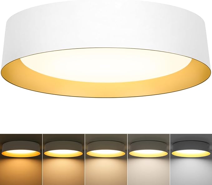 Flush Mount Ceiling Light, 16in Modern Ceiling Light 5 Color Temperature | 30W Bathroom Ceiling Light Fixture, 3000LM Dimmable LED Flush Mount Light for Bedroom, Hallway, Kitchen, White & Gold