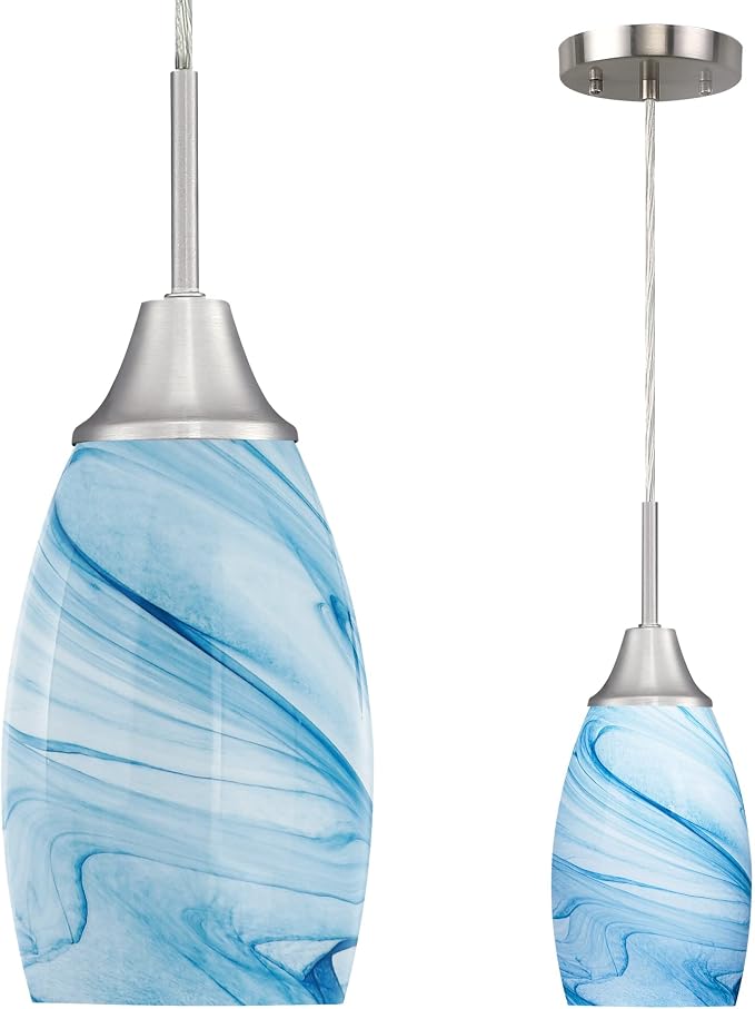 Viinew Mini Glass Pendant Light,1-Pack Blue Marble Glass Pendant Lights | Handblown Blue Marble Oval Art Glass Lamp Ceiling Hanging Light 4.72" Small Chandelier for Dining Room Kitchen