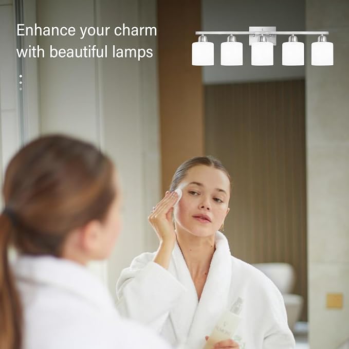 5 Light Bathroom Light Fixtures Brushed Nickel,Anti-Rust Finish Bathroom Vanity Light with Milky White Frosted Glass Shade for Mirror Bedroom Living Room E26 Base