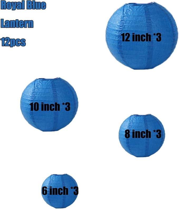 12Pcs 6,8,10,12 Inch Mixed Sizes Royal Blue Paper Lanterns Decorative Chinese, Japanese Hanging Round Paper Lanterns for Birthday, Wedding, Christmas, Bridal, Home Decor, Party Decoration