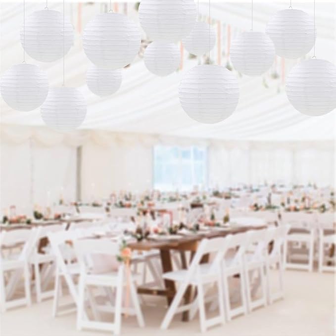 CC wonderland zone 12pcs White Hanging Paper Lanterns,Round Paper Lanterns for Birthday,Baby Shower,Wedding,Party,Home Ceiling Decoration（4" 6" 8" 10" ）