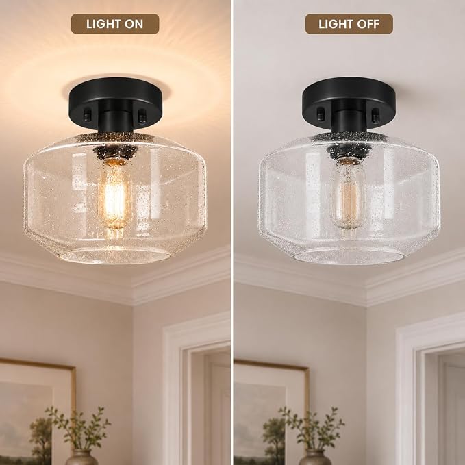 DSMJFU Black Semi Flush Mount Ceiling Light, Vintage Small Ceiling Light Fixture, Hallway Lighting Fixture with Bubble Glass, Kitchen Ceiling Mount Light for Entry Way, Bedroom, Bathroom