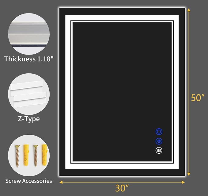50"x30" LED Bathroom Mirror with Lights,Anti-Fog,3 Color Modes