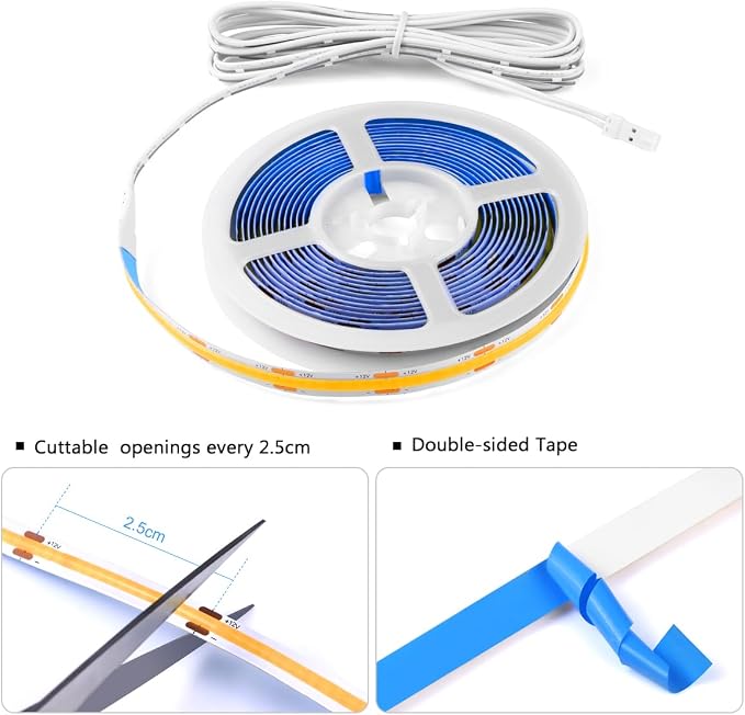 COB LED Strip Lights 12V Penetrable Wood Touch Dimmable LED Under Cabinet Light Kit with 60W Adapter 2M/6.56FT Flexible COB LED Strip for DIY Kitchen,Cabinet,Counter,Shelf,Showcase Decor
