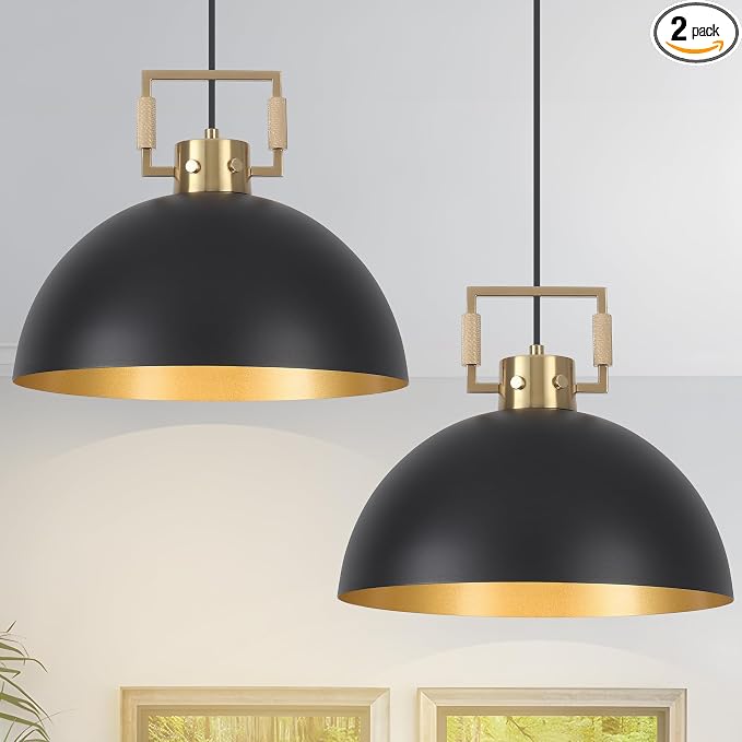 Matte Black Farmhouse Pendant Light 2 Pack Adjustable Height Vintage Hanging Industrial Ceiling Lights Fixture for Kitchen Island Hallway Dining Room Dome Chandelier Modern Pendant Lighting 12''