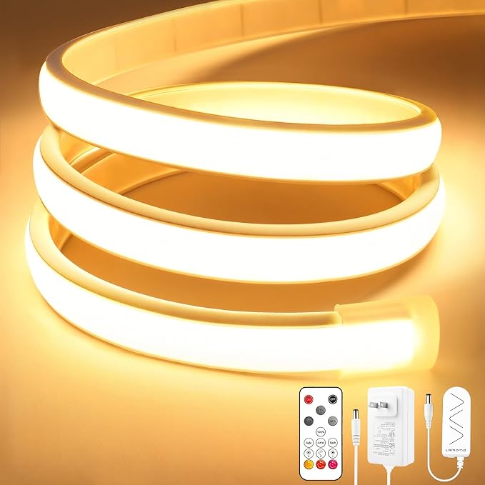 COB LED Strip Lights 32.8Ft, Warm White Dimmable Self-Adhesive Led Rope Light with Remote,Waterproof Cuttable 24V Flexible Neon Under Cabinet Tape Lighting for Bedroom, Kitchen,TV 10 mm Width