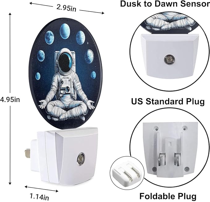 Plug-in Astronaut Night Light Planets Moons Cosmic Meditation Night Lights Plug into Wall with Auto on/Off Sensor, 0.5W LED Nightlight for Bedroom Bathroom Kitchen Hallway