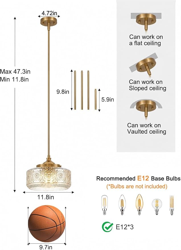 3-Light Vintage Gold Pendant Lights Kitchen Island with Clear Glass, Adjustable Pendant Lighting for Kitchen Island Pendant Light Convertible Ceiling Mount Or Hanging Fixture for Hallway Bathroom