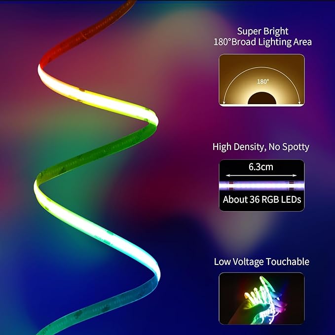 40ft COB RGB+IC LED Strip Lights, Bright Dream Color（2 Rolls） | COB LED Light Strip with RF Remote App Control Music Sync Color Changing for Game Room Bedroom Kitchen Lighting Home Decor