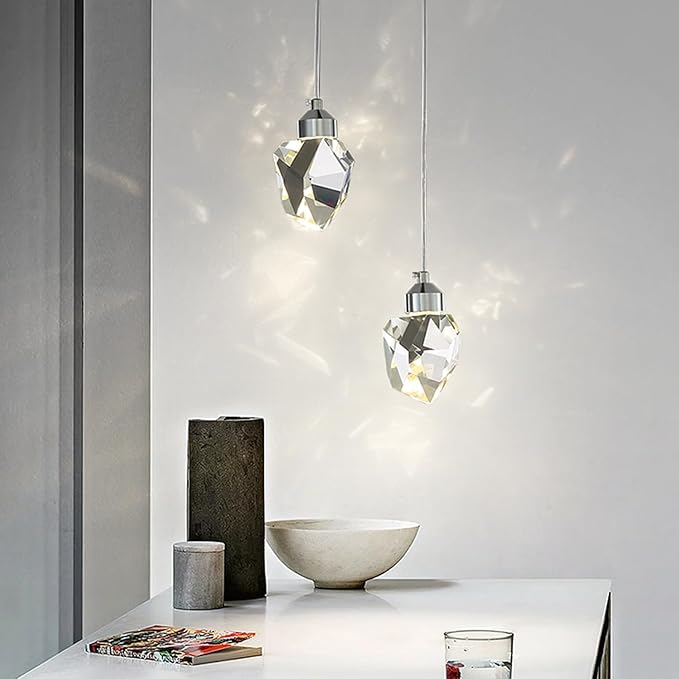 Modern Crystal Pendant Light, Silver Crystal Pendant Light LED 3 Colors for Kitchen Island Bedroom Living Room Dining Room Lighting (Round Base with 2 Heads)