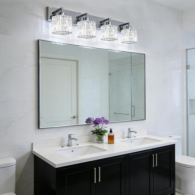 Brushed Chrome Crystal Bathroom Vanity Light, 4-Light Modern Bathroom Lighting Fixtures Over Mirror,Chrome Wall Sconce Light Fixtures with Square Shade