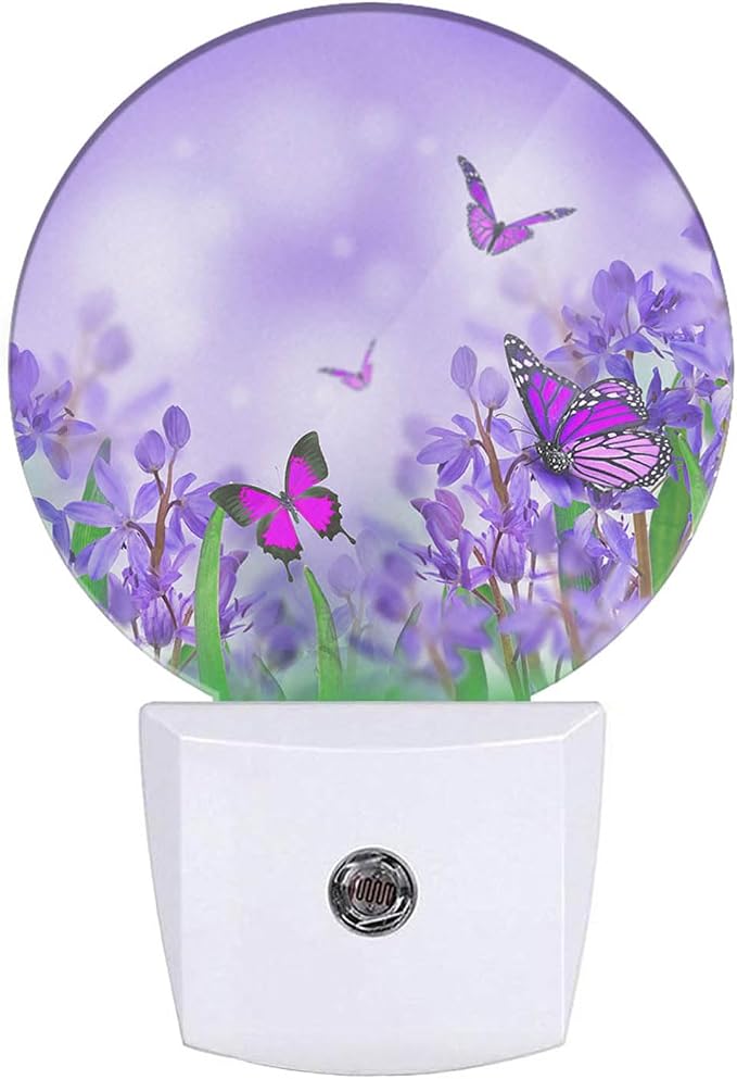 Flower Butterflies Night Light Purple Spring Crocuses Flowers Garden Butterfly LED Dusk to Dawn Plug-in Nightlight Auto Sensor for Bedroom Bathroom Hallway Living Room