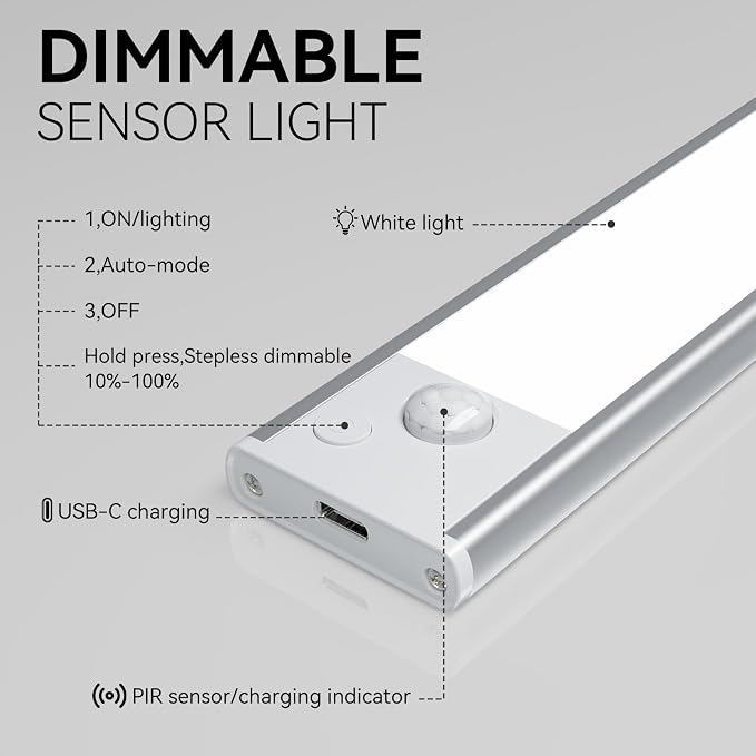 13.7 inch Under Cabinet Lighting 2800 mAh Rechargeable Closet Lights | LED Magnetic Motion Activated, Battery Operated, Wireless Dimmable Under Counter Lights for Kitchen, Long Lasting, 3 Pack