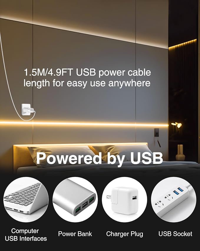 Aclorol USB COB LED Strip Lights 3.28FT/1M Warm White 3000K Dimmable for TV | 2 Pack Short LED Strip Lights, Flexible and Cuttable, for Bedroom Wardrobe Kitchen Cupboard Staircase Home DIY Lighting