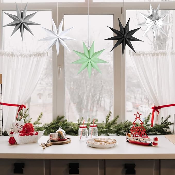 5Pack 9-Pointed Paper Star Lantern 11.8 inch Hanging Paper Lampshade for Winter Wonderland Xmas Day Decoration Wedding Birthday Party Home Decor (Multi-Colored)