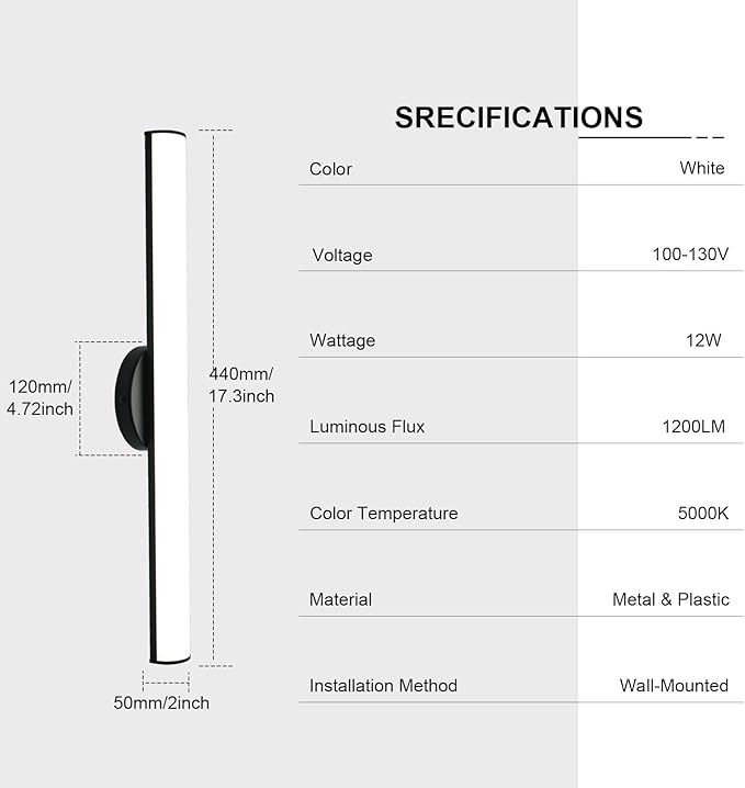OOWOLF Bathroom Vanity Light, Adjustable Brightness 12W 17.3inch Bathroom Light Fixtures,1200LM Led Vanity Bar, 5000K Natural White, Wall Lamp for Mirror Kitchen Living Room Hallway Cabinet Porch