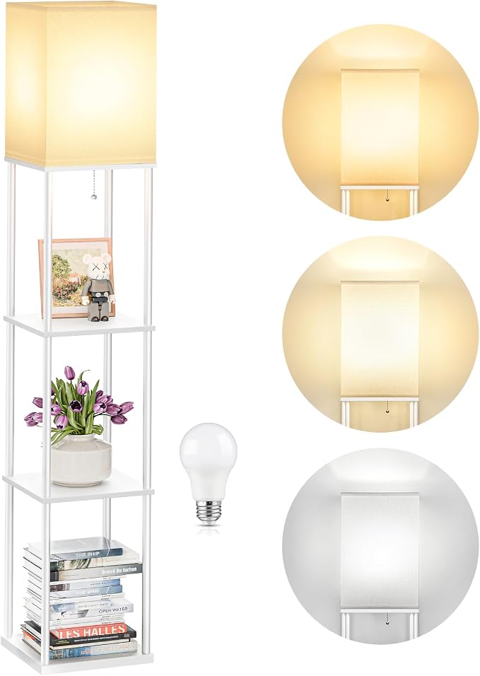 SHINE HAI Floor Lamp with Shelves, 3-Tier Square Modern Shelf Lamp | 3CCT Bright Bulb Included, Tall Standing Lamps for Living Room Bedroom Office