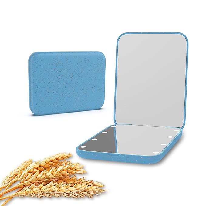 Kintion Wheat Straw Pocket Mirror, 1X/3X Magnification Travel Mirror for Purse, Folding Handheld Mirror, Small Lighted Compact Mirror for Gift, Blue