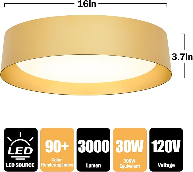 Flush Mount Ceiling Light, 16in Modern Ceiling Light 5 Color Temperature | 30W Bathroom Ceiling Light Fixture, 3000LM Dimmable LED Flush Mount Light for Bedroom, Hallway, Kitchen, Gold