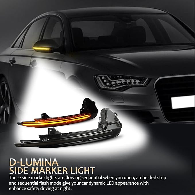 D-Lumina Sequential LED Turn Signal Side Mirror Lights Smoked Lens Compatible with 2013-2018 Audi A6 C7 4G S6, Dynamic Blinker Side Mirror Indicator Light Replace Factory Amber Reflector