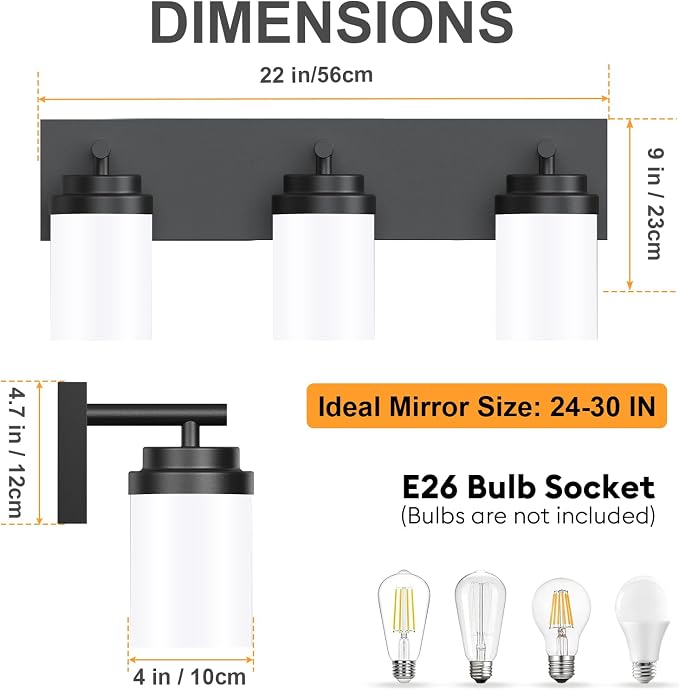 IZORRO Bathroom Vanity Light Fixture, 3-Light 22 Inch Matte Black Bathroom Light Fixtures Over Mirror, with White Glass Shade, Modern Farmhouse Vanity Lights, Rustic Restroom Lighting Fixtures