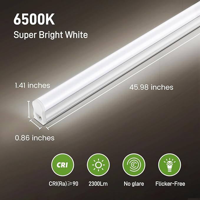 Pak LED Shop Lights, 4FT T5 Integrated Utility Fixture, 2300LM 6500K Cool White, 20W Energy Efficient Linkable LED Tube Lights for Garage, Workshop, Basement, FCC Certified, 2 Pack