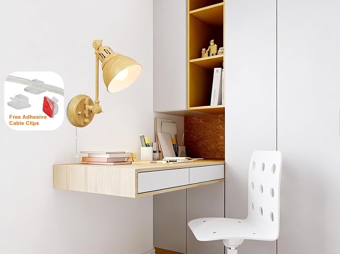 GOODATE 1 Pack Plug in Wall Sconce with Remote Control, Dimming, Adjustable Colors 2700K-6500K, Plug in Wall Light, Swing Arm Wall Lamp with Night Light & Timer, LED Bulb Included, Oak Finish