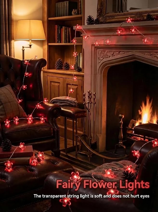Flower Battery Operated Indoor String Lights 30L Cherry Blossom Fairy Light | Waterproof Outdoor Garden Party Camping Birthday Wedding Room Red