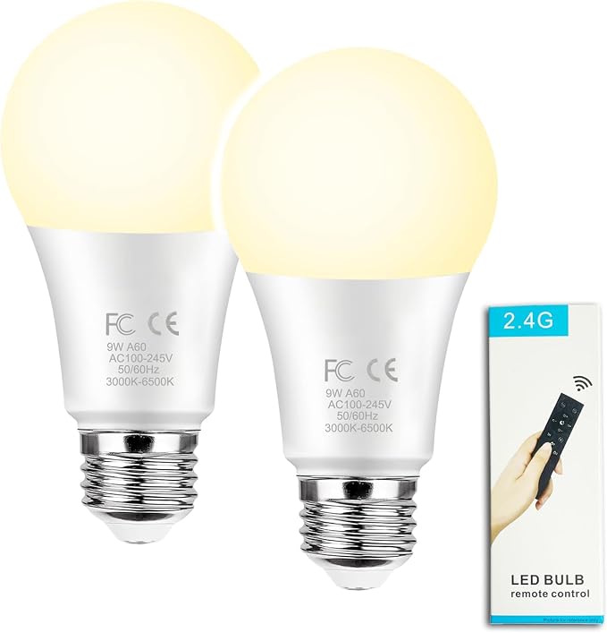 GRV 9W A60 LED Smart Light Bulbs with a 2.4GHz Remote Control,Color Changing,Stepless Dimmable 3000K-6500K,80W Incandescent Lamp Equivalent,800LM E26 Base,Home Decor,2 Bulb & 1 Remote