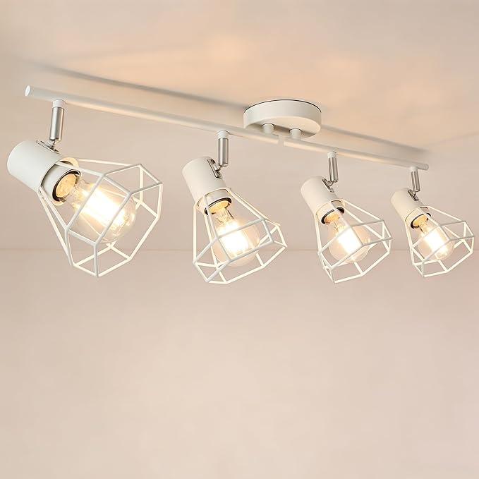 HiBay 4-Light Ceiling Track Lighting Fxiture White, Modern Spotlight, E26 | Rotatable 4 heads with farmhouse metal cage shade for kitchen bathroom vanity dining room, bulb not included
