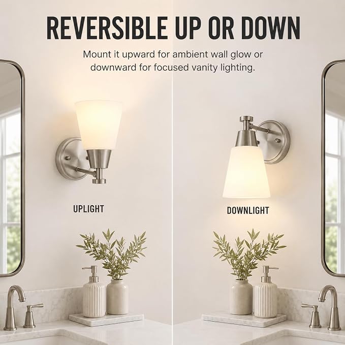 1-Light Bathroom Vanity Light, Brushed Nickel Finish Wall Sconce with Milk Glass, Over Mirror, for Bathroom Vanity
