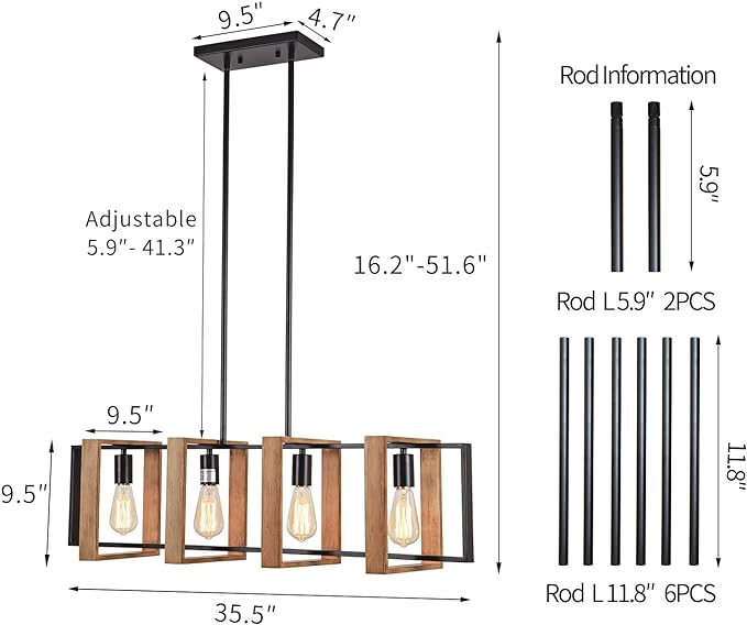 Dining Room Light Fixture Farmhouse Pendant Lights Kitchen Island Rustic Kitchen Light Fixtures 4 Lights Wood and Black Metal Rectangular Chandelier Ceiling Hanging Lighting 35.4"