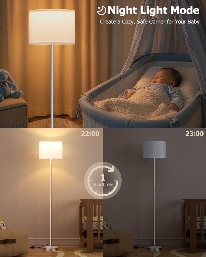 Dimmable Floor Lamp for Living Room with Remote, 9W 900LM LED Bulb Included, White Shade Silver Pole