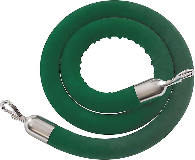 Montour Line Velvet Hanging Stanchion Rope Foam Core, 8 Foot Dark Green Rope with Polished Stainless Steel Snap Ends