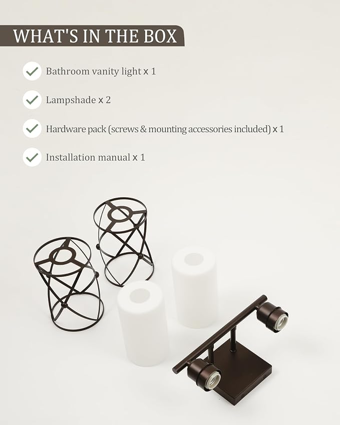 2-Light Oil Rubbed Bronze Bathroom Light Fixtures Over Mirror, 13.2" UL-Listed Modern Farmhouse Wall Sconce Lights with Milk White Frosted Glass and Metal Cage for Bath, E26, CH9176ORBW-2W