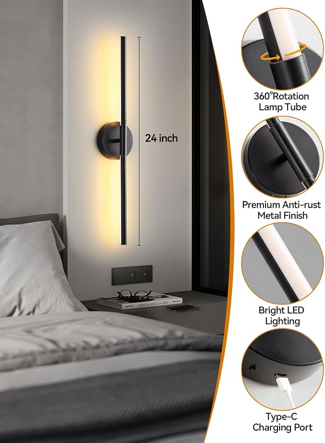 Battery Operated Wall Sconce, 24 Inch Black Rechargeable Wall Lights | Remote & Touch Control, LED Wireless Wall Lamps Dimmable 3000K-6000K & Timer for Bedroom, Living Room, Hallway