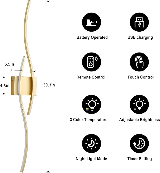 KARTOOSH Wireless Wall Sconces, Dimmable LED Sconce with Remote | Battery Operated Wall Sconce with 3 CCT Night-Light Timer Memory Modern Wall Sconces for Living Room, Hallway, Bedroom