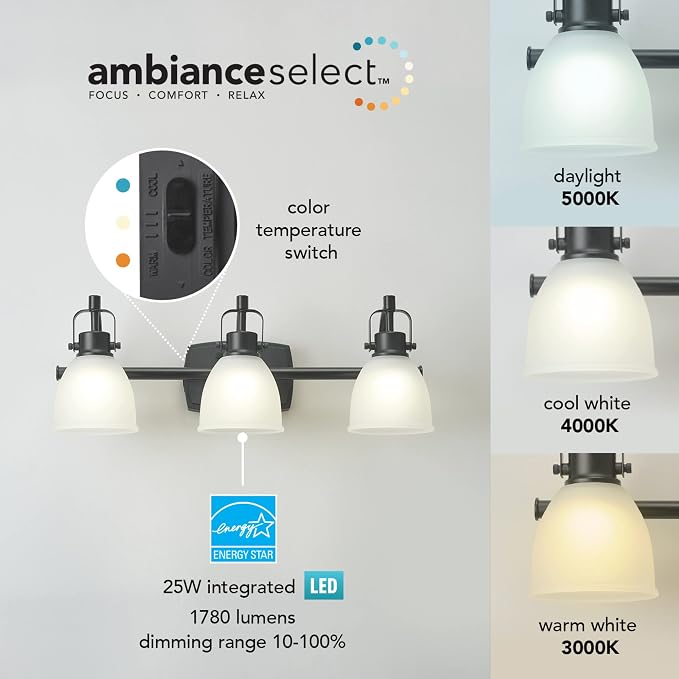 Globe Electric 52090 Gilroy 3-Light 25W Integrated LED Vanity Light with Selectable Color Temperature, Matte Black, Frosted Glass Shades, 1780 Lumens, 3000K-4000K-5000K Switch, Energy Star Certified