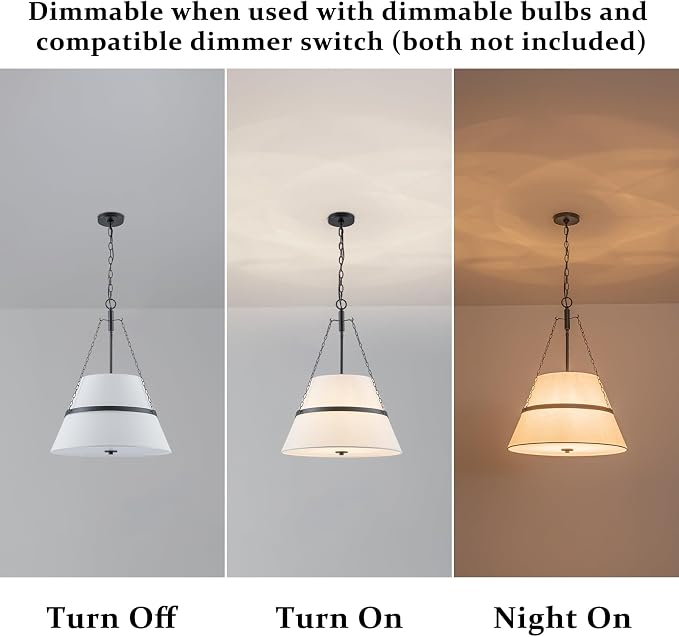 20" Black Drum Chandelier for Dining Room, White Linen Shade Pendant Light | Modern Transitional, Large Fabric Drum Design, 4-Light, 3 Side Chains, for Kitchen Island,Adjustable Height,19.69"W × 26.38"H