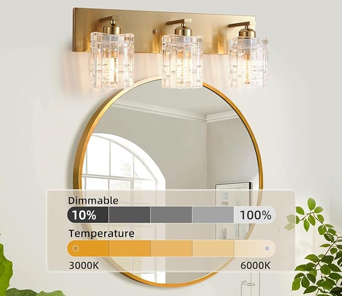 3 Lights Brushed Gold Crystal Bathroom Vanity Light,Modern Bathroom Wall Light,Crystal Over Mirror Light Fixtures for Living Room, Bedroom, Hallway