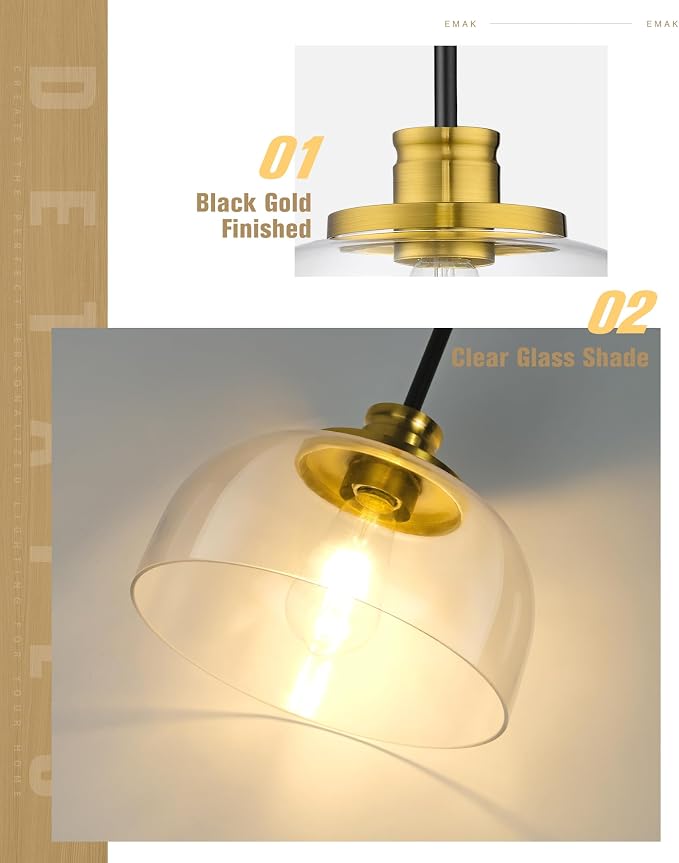 Emak Black and Gold Pendant Lights, 10 Inch Large Pendant Light Fixtures with Clear Glass Shade, Modern Farmhouse Island Lights for Kitchen, Dining Room, Bathroom, Bar, PL131-BKBGD-CG